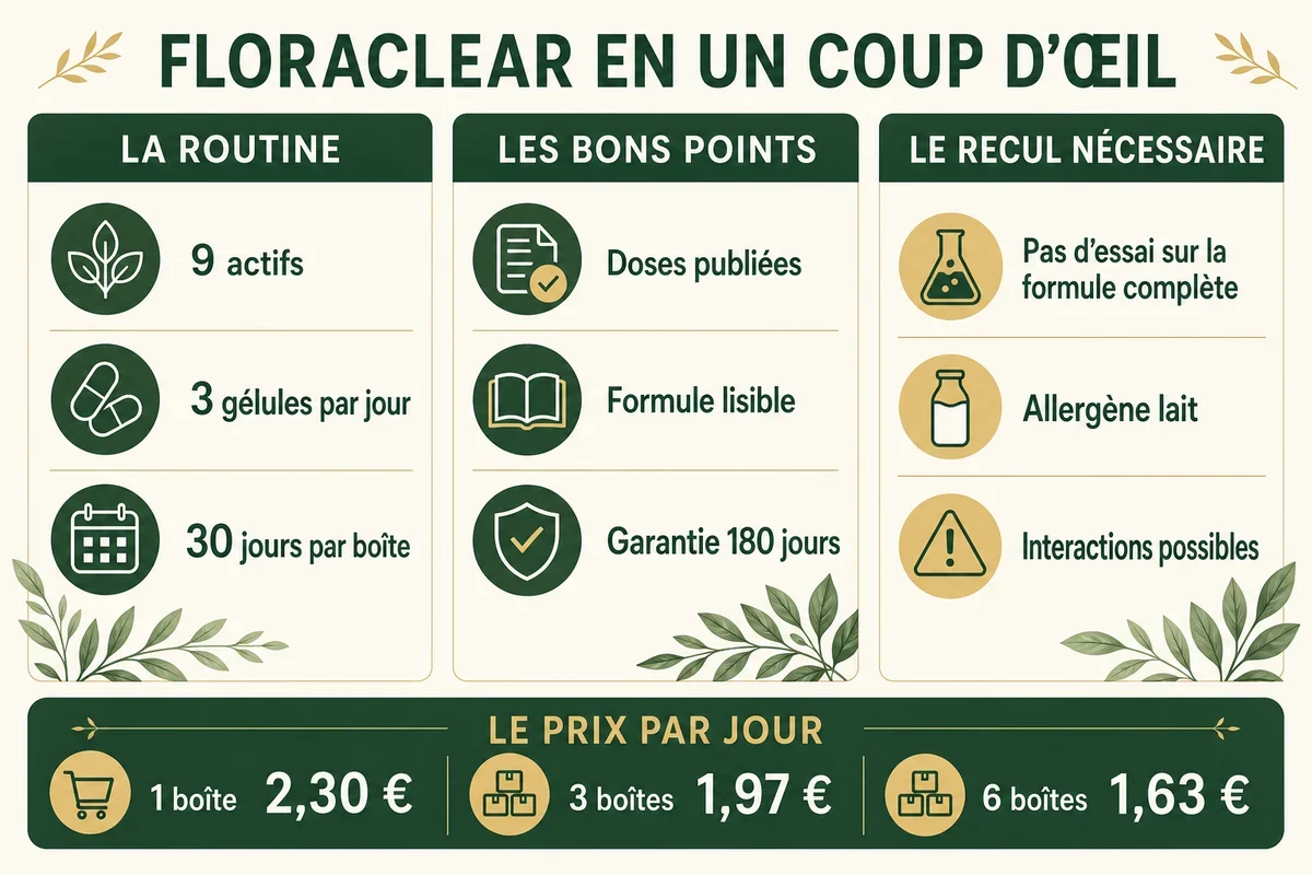Infographie FloraClear avec la routine, les points forts, les précautions et le prix par jour