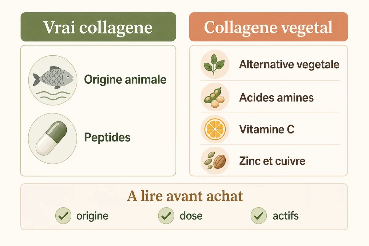 Infographie comparant vrai collag&egrave;ne et alternative v&eacute;g&eacute;tale au collag&egrave;ne