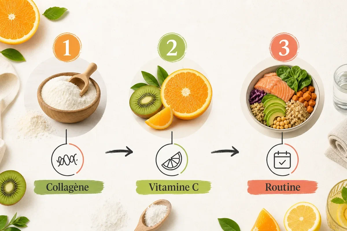 Infographie simple sur le choix entre collag&egrave;ne avec vitamine C et collag&egrave;ne sans vitamine C ajout&eacute;e