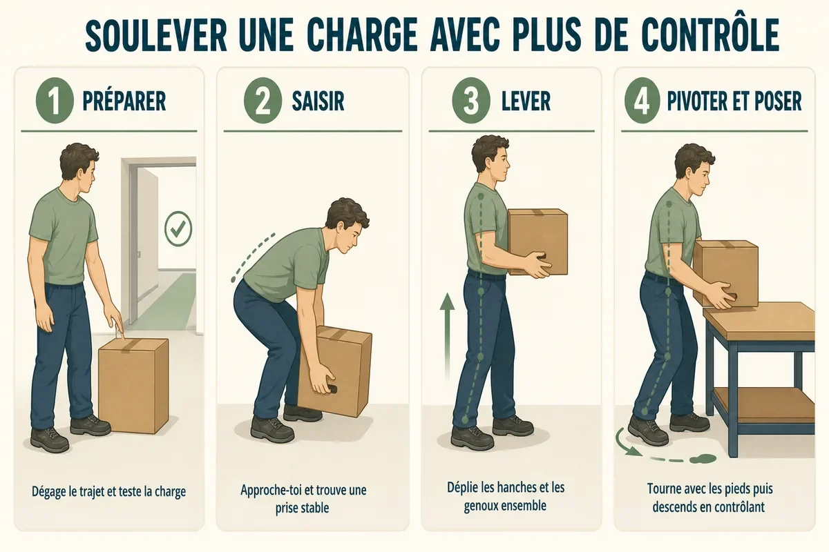 Infographie en quatre étapes pour préparer saisir lever puis poser une charge