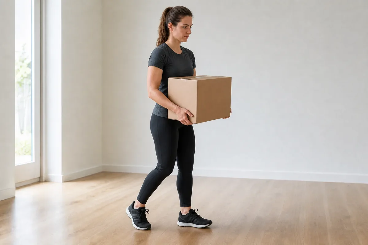 Femme portant un carton près du corps et changeant de direction avec les pieds