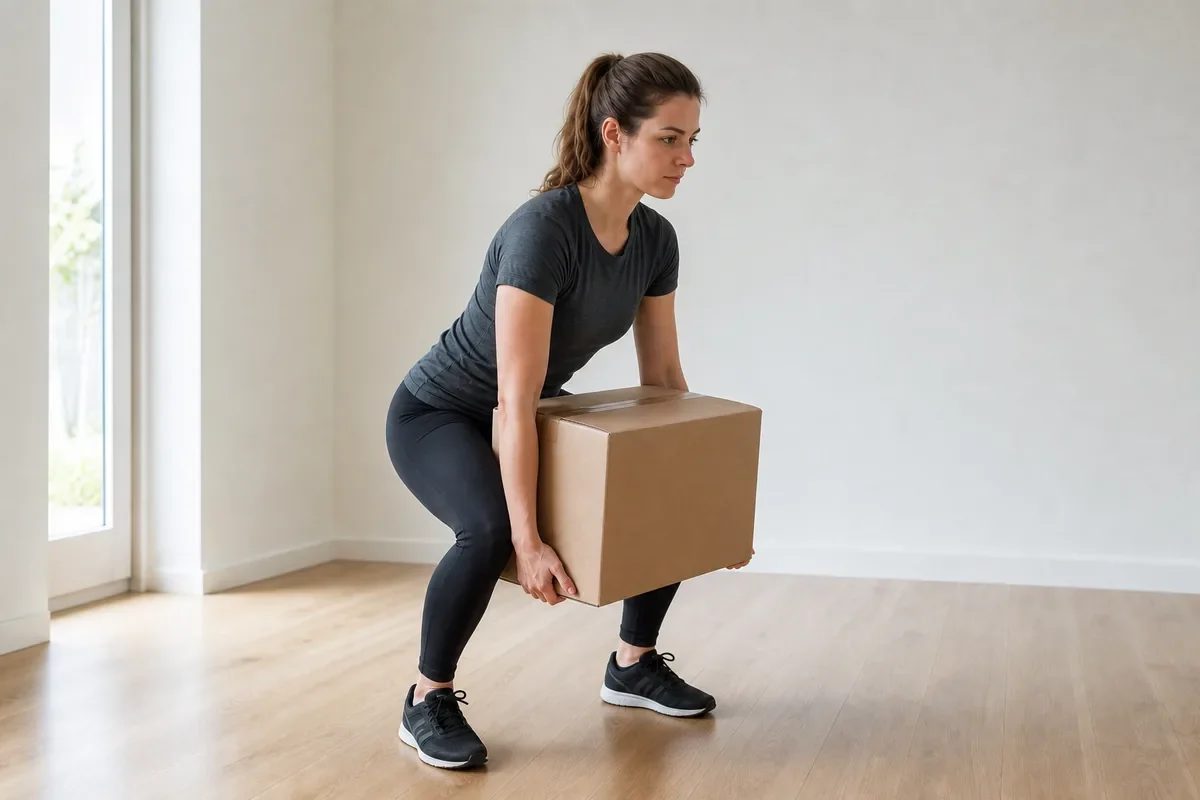 Posture de levage avec genoux et hanches fléchis et carton proche du corps