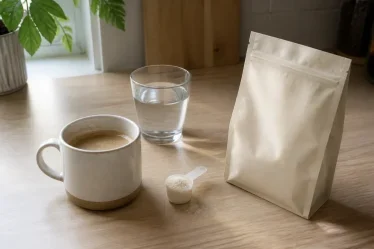 Poudre de collagène préparée avec une boisson chaude pour un test Glow25