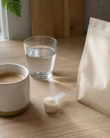 Poudre de collagène préparée avec une boisson chaude pour un test Glow25