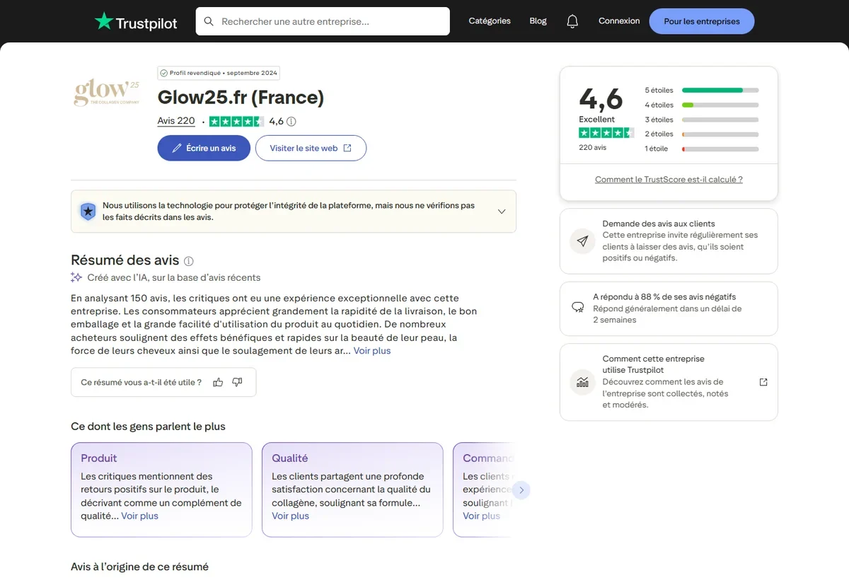 Capture des avis Trustpilot Glow25 France en août 2026