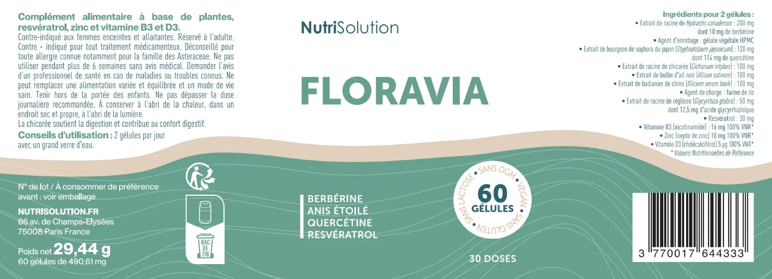 Étiquette française officielle Floravia avec composition et précautions
