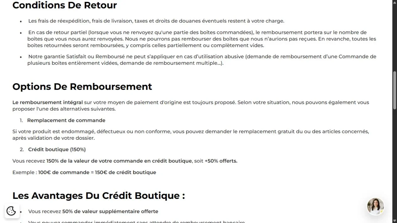 Capture des conditions officielles de retour et de remboursement NutriSolution