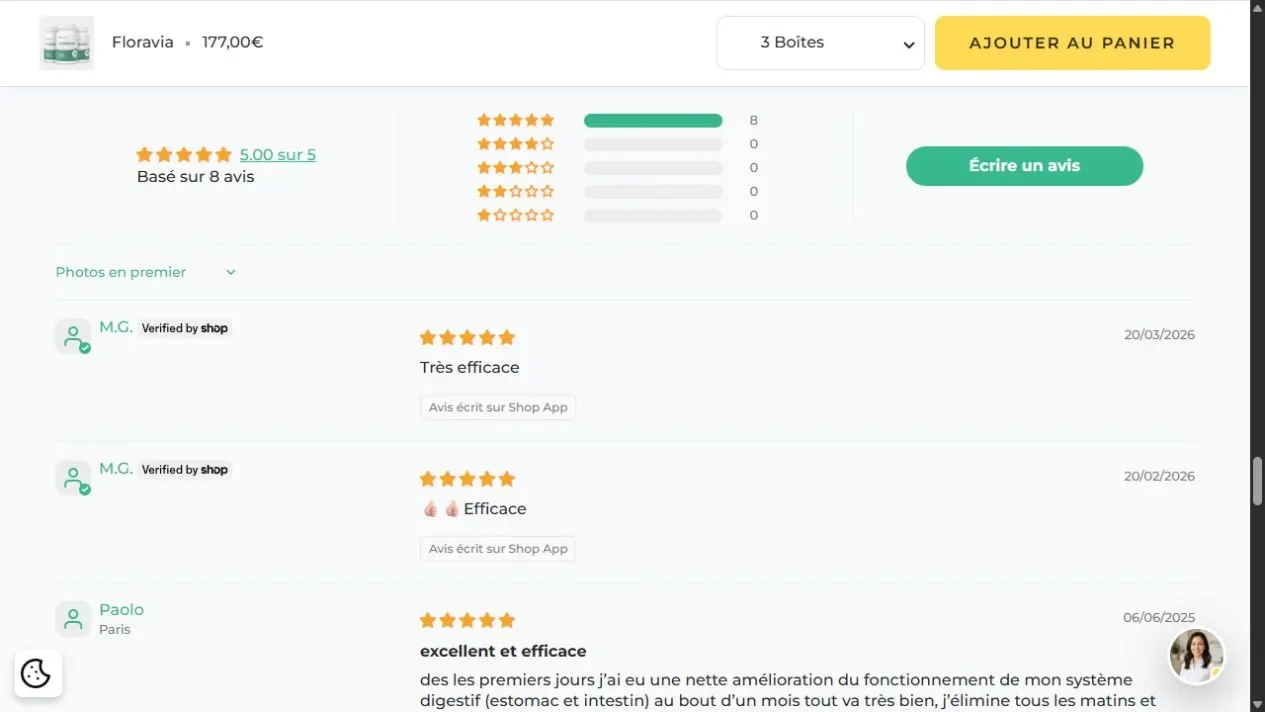 Capture des huit avis Floravia affichés par NutriSolution avec badges vérifiés