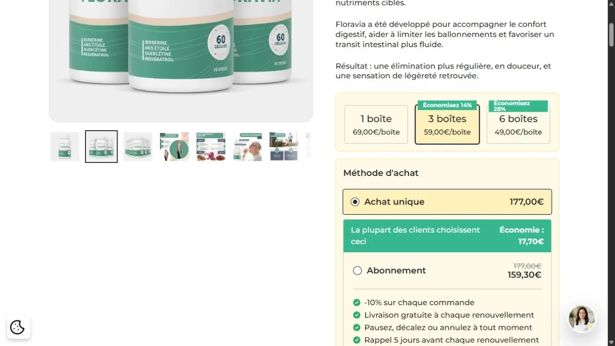 Capture des prix Floravia pour une, trois et six boîtes avec option abonnement