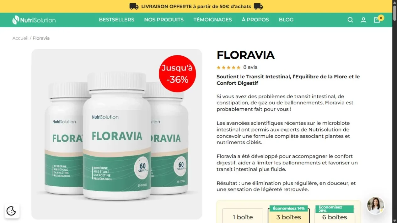 Capture authentique de la fiche officielle Floravia avec le flacon et huit avis affichés