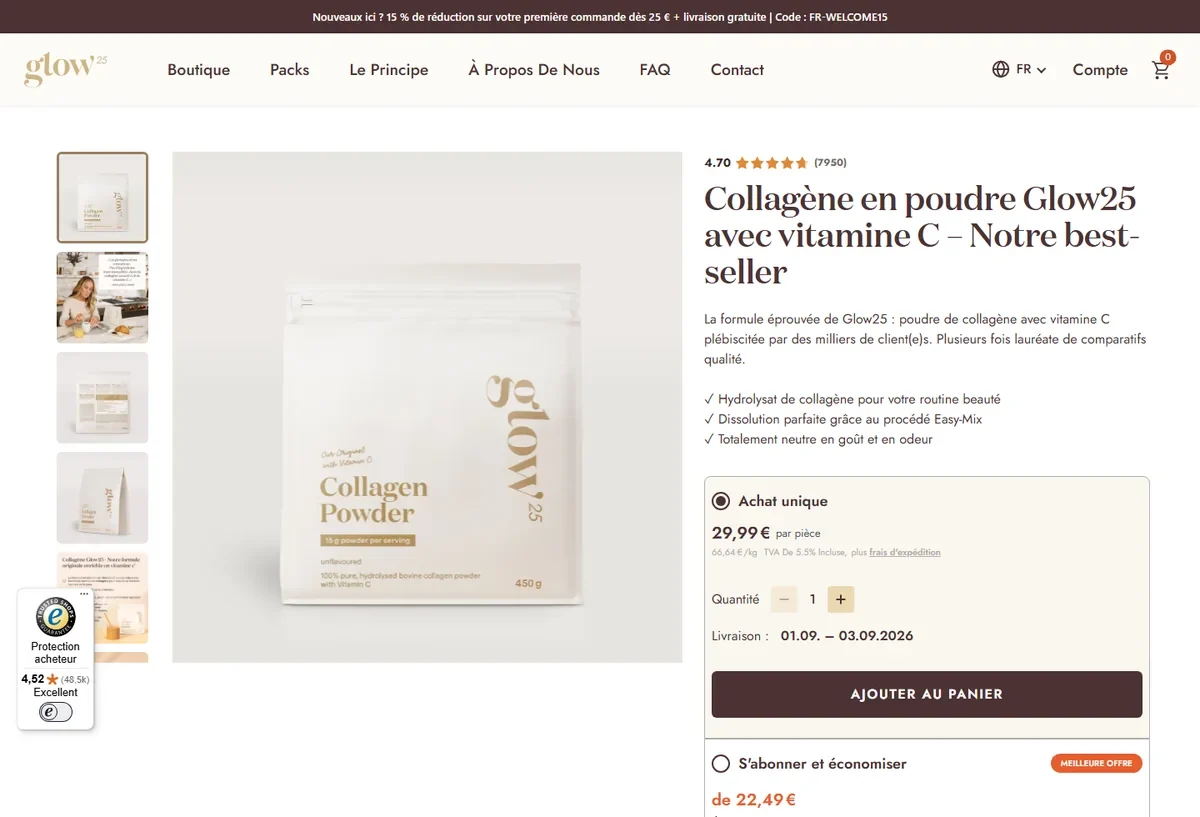Capture du Collagène Original Glow25 avec vitamine C et son prix en 2026