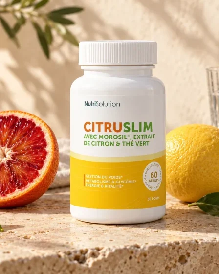 Flacon Citruslim de NutriSolution mis en scène avec une orange sanguine, un citron et un verre d’eau