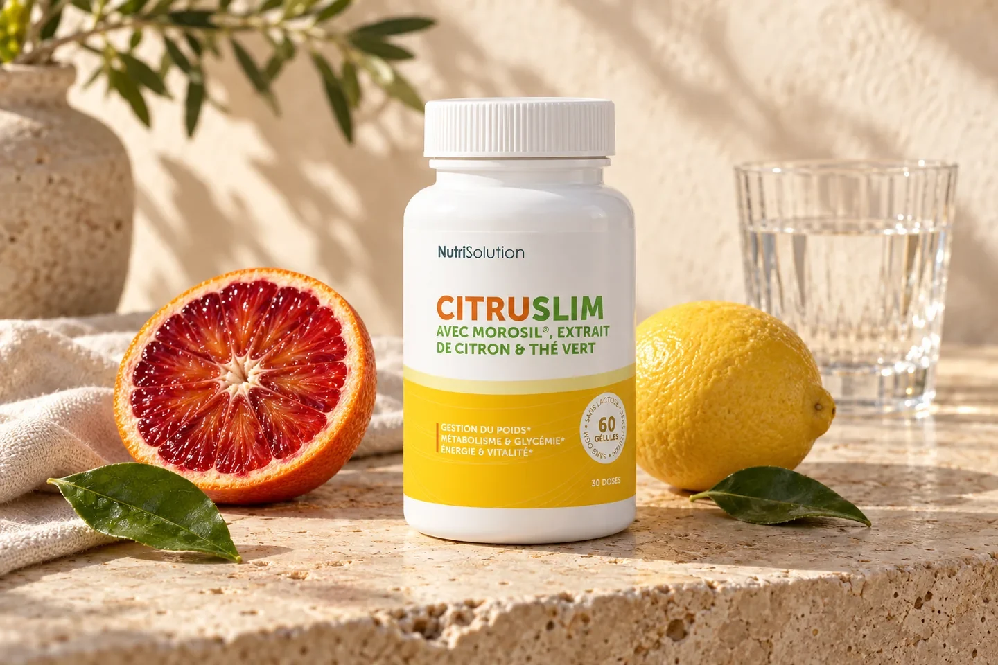 Flacon Citruslim de NutriSolution mis en scène avec une orange sanguine, un citron et un verre d’eau