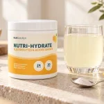 Barattolo Nutri-Hydrate accanto a un bicchiere d’acqua, un cucchiaino di polvere e una fetta di limone