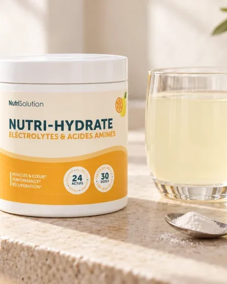 Barattolo Nutri-Hydrate accanto a un bicchiere d’acqua, un cucchiaino di polvere e una fetta di limone