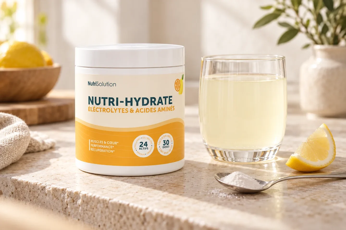 Barattolo Nutri-Hydrate accanto a un bicchiere d’acqua, un cucchiaino di polvere e una fetta di limone