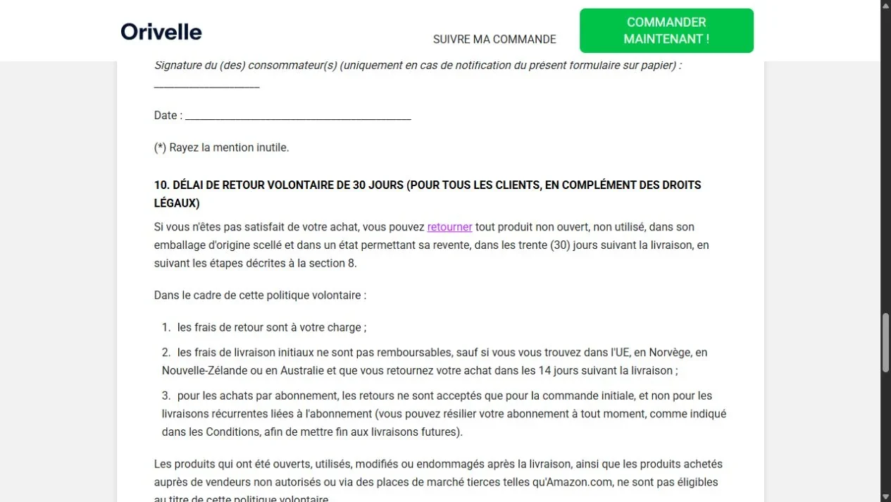 Sezione del reso volontario di 30 giorni con il requisito di prodotto non aperto e inutilizzato