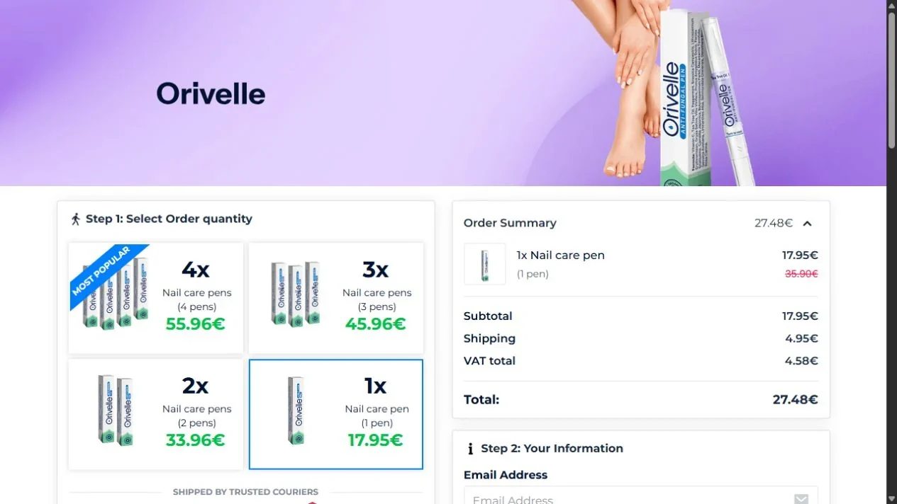 Riepilogo Orivelle con una penna a 17,95 euro, spedizione e IVA per un totale provvisorio di 27,48 euro