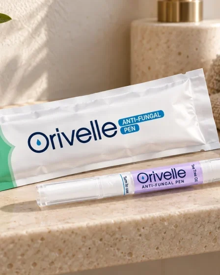 Penna Orivelle con la confezione su un ripiano chiaro accanto a un asciugamano