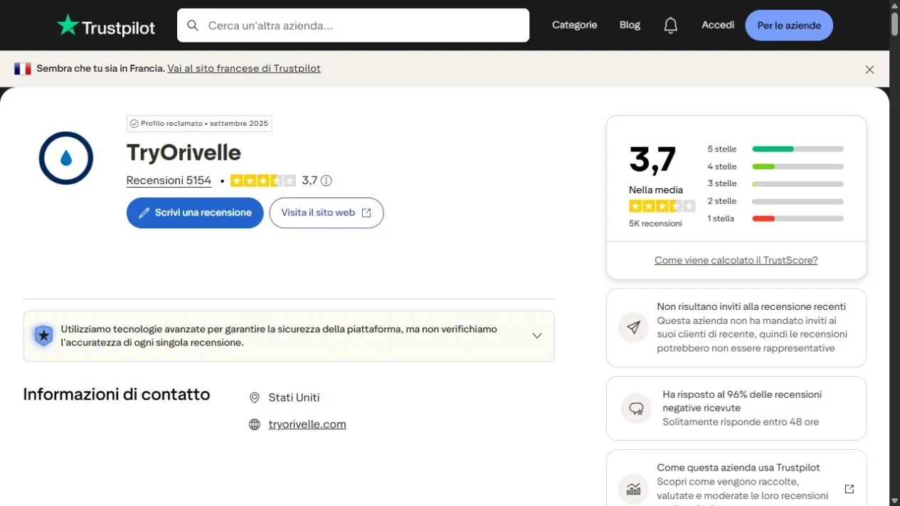 Trustpilot TryOrivelle con 3,7 su 5 e 5.154 recensioni il 26 settembre 2026