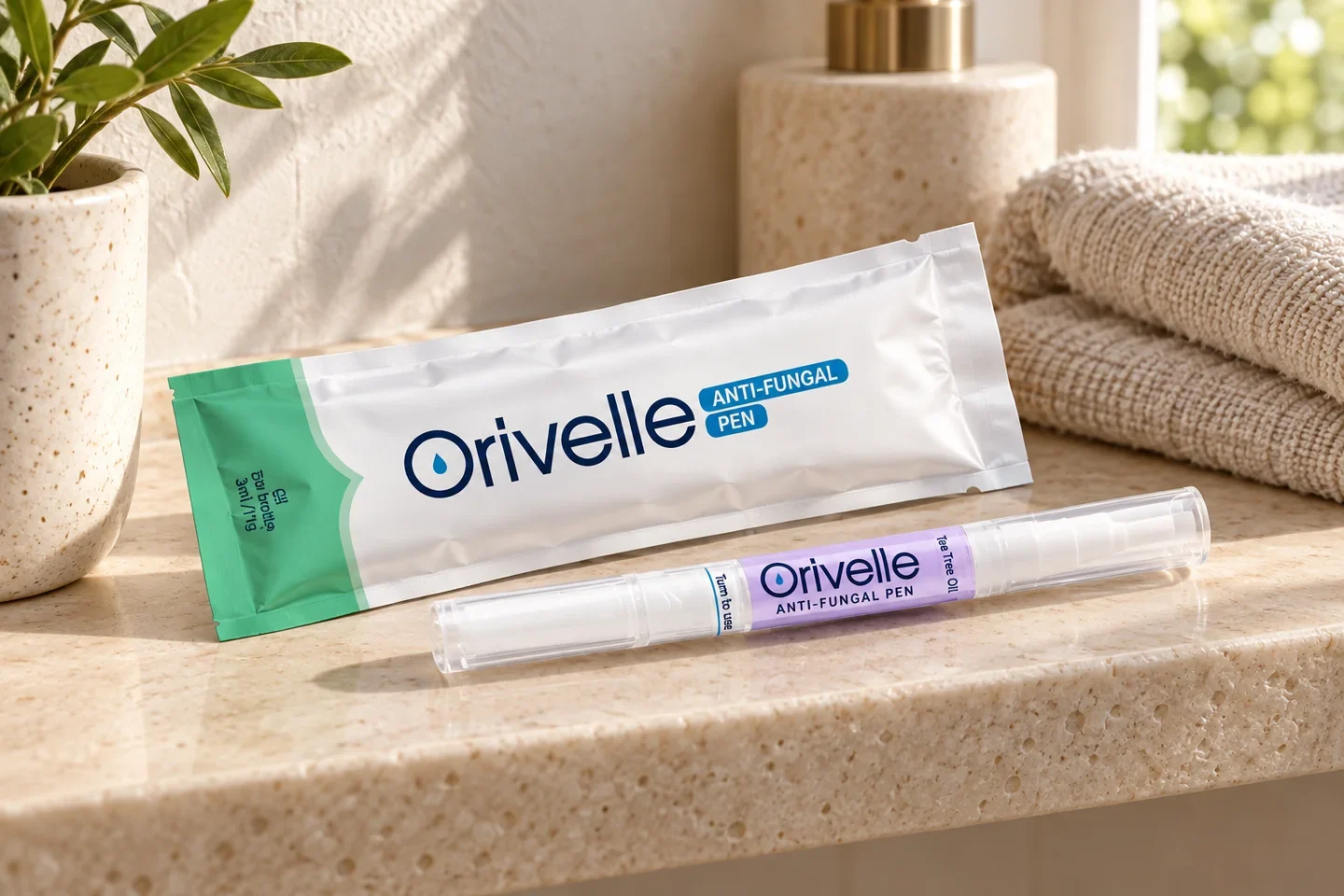 Penna Orivelle con la confezione su un ripiano chiaro accanto a un asciugamano