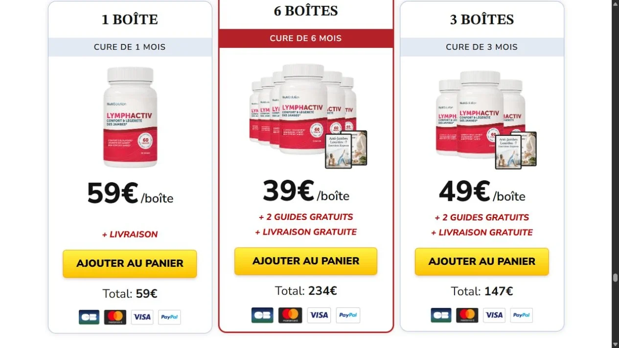 Capture des trois offres LymphActiv et de leurs totaux &agrave; payer