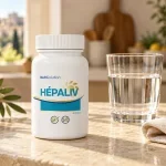 Flacone Hepaliv NutriSolution da 60 capsule accanto a un bicchiere d’acqua su un piano di cucina