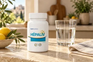 Flacone Hepaliv NutriSolution da 60 capsule accanto a un bicchiere d’acqua su un piano di cucina
