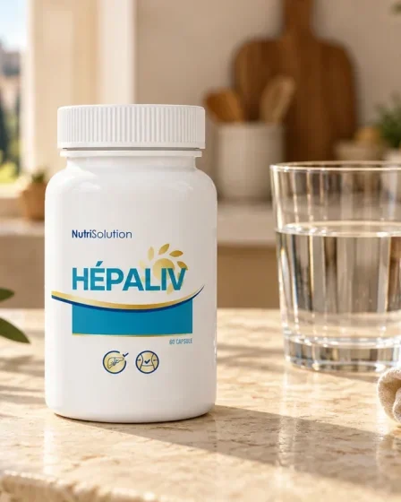 Flacone Hepaliv NutriSolution da 60 capsule accanto a un bicchiere d’acqua su un piano di cucina