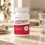 Flacon LymphActiv de NutriSolution posé sur une table claire près d’un verre d’eau et d’une serviette en lin