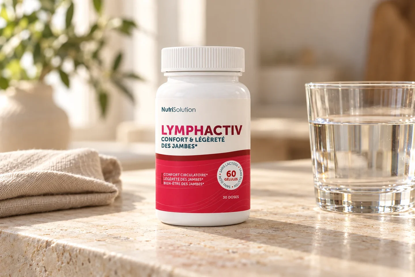 Flacon LymphActiv de NutriSolution posé sur une table claire près d’un verre d’eau et d’une serviette en lin