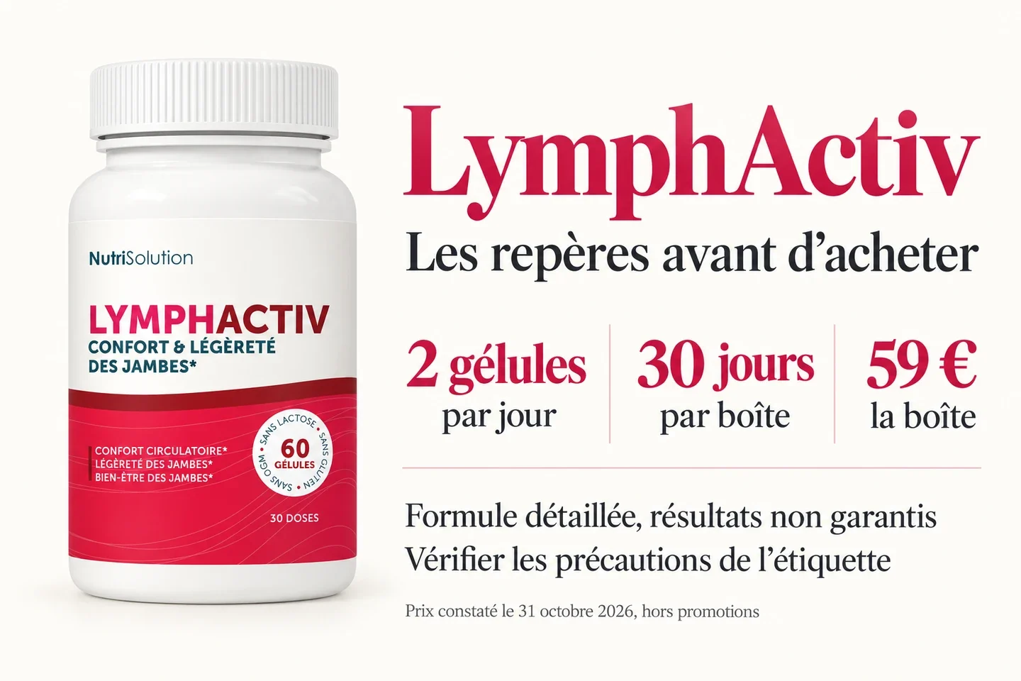 LymphActiv en bref, deux g&eacute;lules par jour, trente jours par bo&icirc;te et 59 euros hors livraison